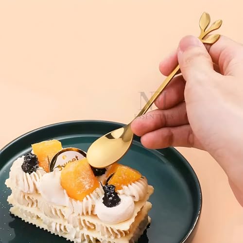 Image of NFI essentials 6 Pcs Leaf Design Coffee Tea Spoons Set, Stainless Steel 13cm Golden Retro Dessert Espresso Spoons Cutlery Kitchen Tableware, Perfect for Mixing & Stirring