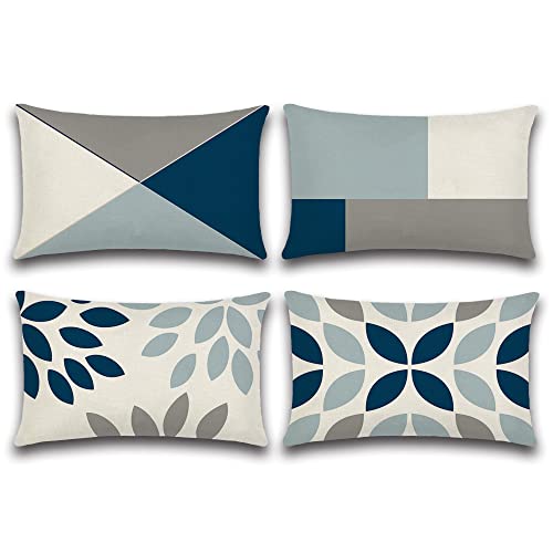 Ohok Lot de 4 Housse de Coussin Géométrie des Feuilles Motif Taie d'oreiller Chanvre Fin Douce pour Maison Salon Canapé Chambre Décoration (30x50cm, Bleu) Cover