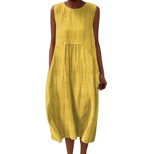 Image of Cheesecloth Summer Dresses for Women UK Floral Midi Dress Cotton Linen Loose Fit with Pockets Sleeveless Italy Casual Beach Ladies Clothing Women's Italian Style Sundress Lightweight (Yellow, XL)