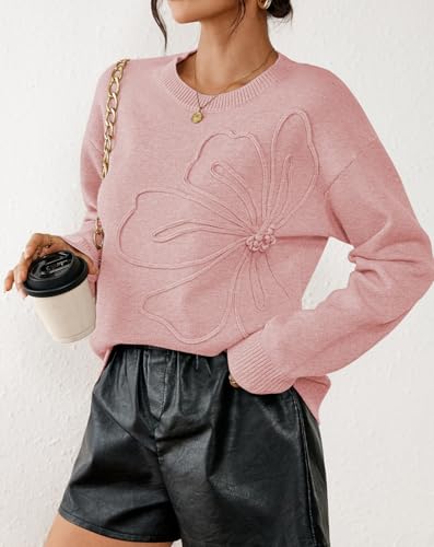 Pink Queen 2025 Women's Crew Neck Long Sleeve Pullover Sweater Ribbed Knit Floral Texture Casual Jumpers Tops2