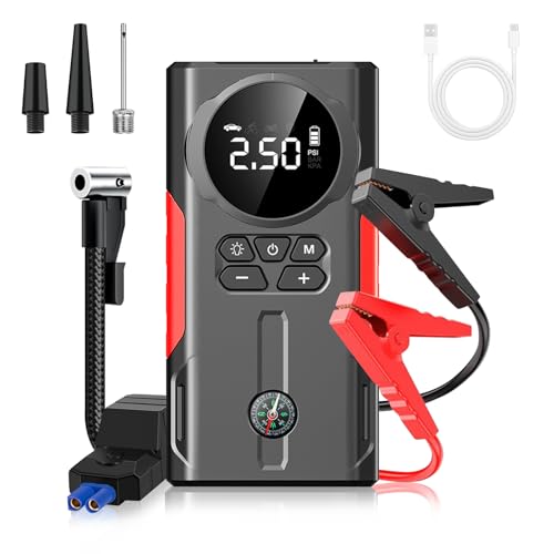 4 in 1 Jump Start Power Pack with 150PSI Air Compressor, 2500A Portable Car Battery Booster Jump Starter for 12V Vehicles, 16800mAh Power Bank with Digital Display LED Light, Emergency Light