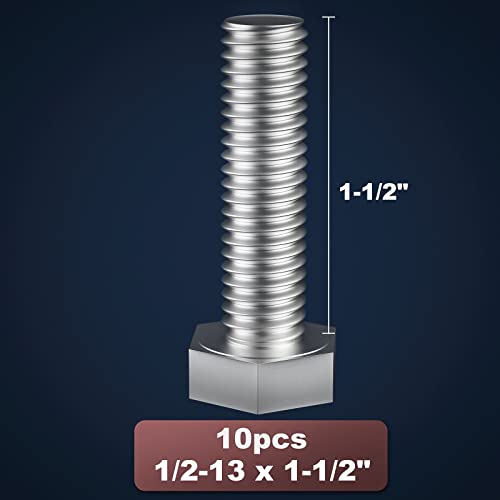 Image of 1 /2-13 x 1-1 /2 inch (1 to 7 inch Optional) Hex Head Screw Bolt, Stainless Steel 18-8(304), Fully Threaded,10pcs
