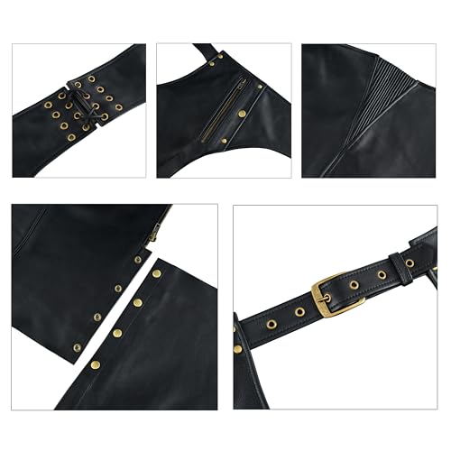 Men's Leather Chaps Dual Side Thigh Zipper Close Pockets Motorcycle Cowhide Leather Rider Chap Adjustable Fit (Black, S)