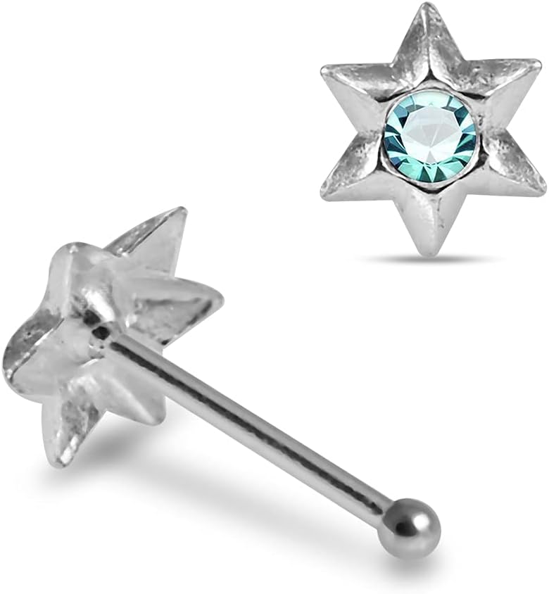 Crystal Stone Hexagon Star Design 22 Gauge 925 Sterling Silver Ball End Nose Pin - Nose Stud - Tiny Nose Ring - Nose Piercing Body Jewelry