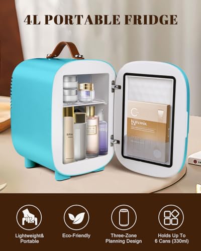 Image of FANSEXPERT Mini Fridge for Bedroom, 4 Liter /6 Cans Skincare Small Refrigerator, AC /DC Portable Mini Cooler & Warmer, Small Fridge for Camping, Dorm, Office, Car (Blue)