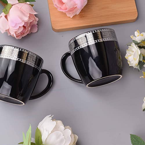 Image of Deco Pride Ceramic Coffee Mug, Elegant Black Cup with Silver Design Set of 6 Pcs (Black 650-714S, 180 ml)