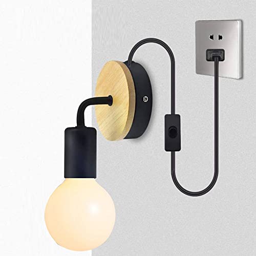 Mengjay Lampada da Parete Vintage Applique in Metallo e Legno E27 Retro Industriale Interni Illuminazione da Parete per Soggiorno, Camera da letto, Corridoio(Con interruttore) (Nero)