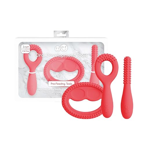 Image of ezpz Oral Development Tools (3 Pack in Coral) - 3 Months+ - Non-Slip Loop, Smile and Stick 100% Silicone Tools - Prepare for Chewing + Solids - Baby-Led Weaning Supplies