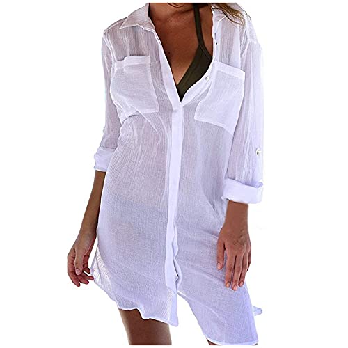 Strandhemd Damen Lang - Leinenkleid Damen Weiß Boho - Leicht Strandbluse Langarm Strandkleid Luftig Sommerkleid Strandmantel Leinen Strandkleider...