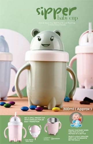 Image of 300ml Baby Sipper for Infant /Toddler, Baby Straw Cup, Soft Silicone Straw Cup, Baby Sipper Bottle for 6 Month+, Anti-Spill with BPA Free, Lid & Easy Grip Handles (Green)