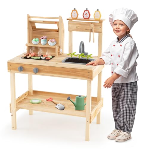 GLACER Kids Mud Kitchen, Fir Wood Kitchen Grill Playset w/Play Food, Grilling Tools & Pretend Play Cooking Accessories, Cooking BBQ Playset Toy Kitchen for Boys & Girls 3+