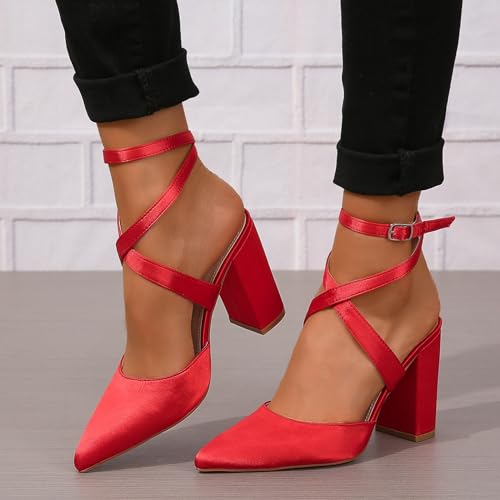 Women's Poined Toe Satin Wedding Shoes for Bride Block Heel Bridal Shoes Cross Strap Proming Evening Dress Pumps2