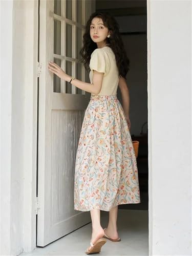 Women French Floral Chic Skirt A-LINE Elastic Waist Holiday Midi Skirts4