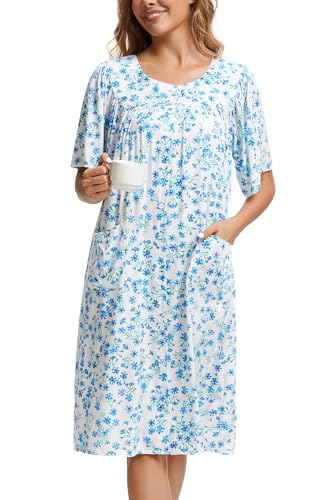 Image of COSUNIONY House Dresses for Women Cotton Short Sleeve House Coat Buttons Down Dusters Robe with Pockets S-XXL