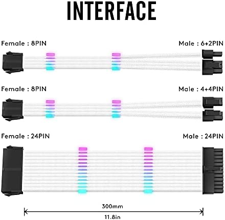 EZDIY-FAB White Soft PSU Extension Kit 300mm with ARGB Cable Combs - 24-PIN 6+2-PIN 4+4-PIN for Cable Management with RF Control