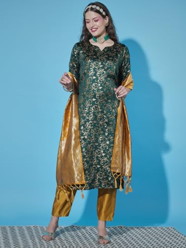 Image of VredeVogel Women's Cotton Silk Jacquard Kurta Pant Set with Banarasi Woven Self Designed Dupatta