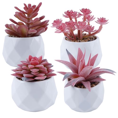 QINGYIWL Künstliche Pflanzen im Keramik Topf 4 Stück Kunstpflanze Sukkulenten Unechte Zimmerpflanzen Klein Kunstpflanzen Dekopflanzen für Wohnzimmer Schlafzimmer Balkon Büro Zimmer, Rosa