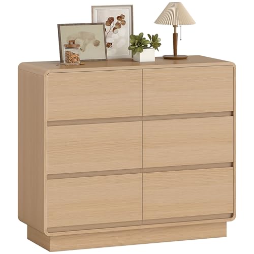 HOMCOM Sideboard, Kommode mit 6 Schubladen, 100 cm Aufbewahrungsschrank mit abgerundeten Kanten, Modern Beistellschrank Küchenschrank für Wohnzimmer, Küche, Esszimmer, 100 x 38 x 86 cm, Naturholz