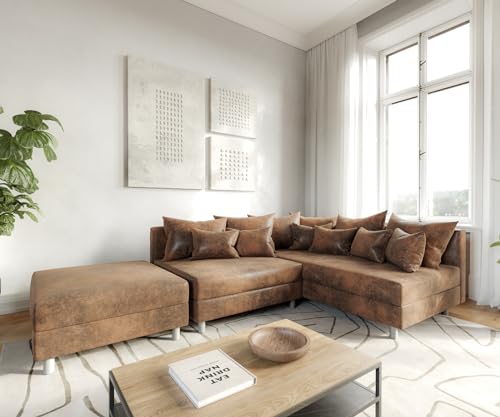 DELIFE Eckcouch Clovis Braun Antik Optik mit Hocker Ottomane Rechts Ecksofa Modular