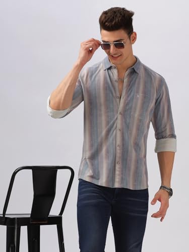 Image of BULLMER Trendy Regular Fit Striped Causal Full Sleeve Shirt for Men.