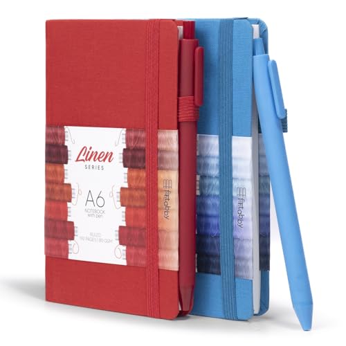 Image of Kitabby Linen Series A6 Hardbound Notebook, Pack of 2 - Red + Aqua Blue | 192 Pages, 80gsm Natural Shade Paper, Linen Fabric Cover, Elastic Closure