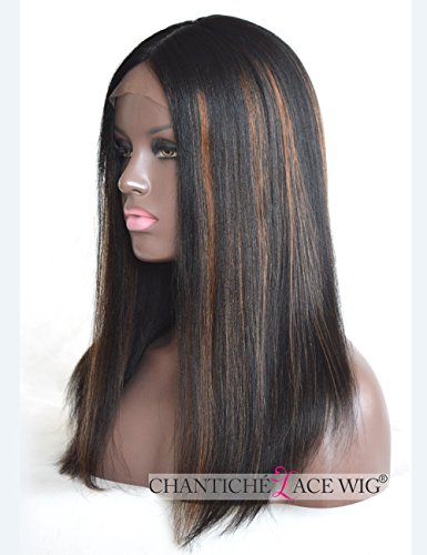 Chantiche Yaki Straight 3.75" Invisible Middle Deep Part Silk Top Lace Front Wig with Highlights Brazilian Remy Human Hair Wigs for Black Women Shoudler Length 18inches #1B/30