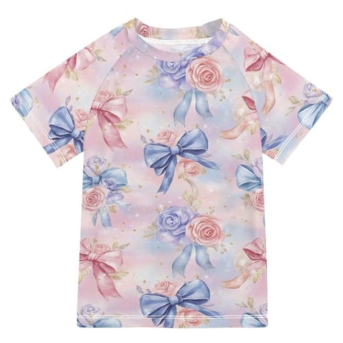 ALAZA Kids Rash Guard Girls Toddler Swim Shirts Short Sleeve Watercolor Bow Flower UPF 50+ 3T
