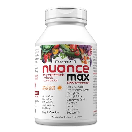 ANDREW LESSMAN Essential-1 nuonce max Multivitamin 5000 IU Vitamin D3 360 Small Capsules. 100 mcg Methyl B12. CoQ10 Lutein Lycopene Zeaxanthin. High Potency. No Additives. Ultra-Mild One Daily Capsule