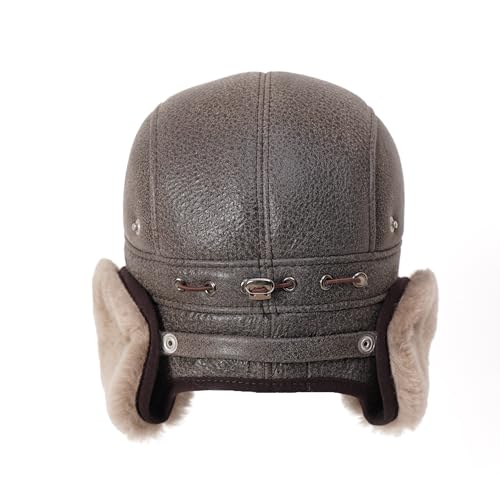 Image of Mumcu's Leather Sheepskin Aviator Russian Ushanka Fur Winter Hat Cap with Snap Closure