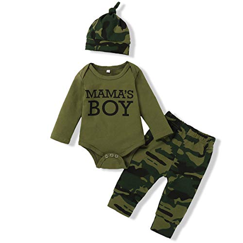 Toddler Baby Boy Clothes 12-18 Months Long Sleeve Romper Mama s BOY Letter Print Onesie Camouflage Pants Hat Infant Boys Outfits Set