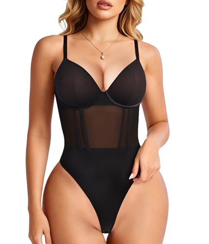 Nebility Shapewear Bodysuits for Women Tummy Control Slimming V Neck Shapewear Bodysuit Thong Body shaper with Underwire (Black Medium)