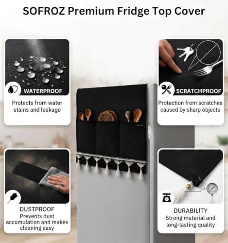 Image of Refrigerator Single Door Waterproof, Dustproof, Protective Cover for Fridges with Extra Storage Space Nylon Top Cover with 6 Storage Pockets (130 x 54 cm) (Black Lace)