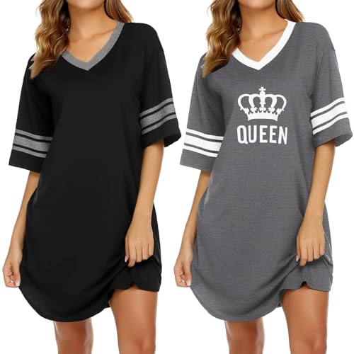 Ekouaer Nachthemd Damen Zweiteiliger Sleepshirt Kurzarm Nachtwäsche Schlafhemd Leicht Schlafshirt, 2er Pack, S-XXL,Schwarz+grau,L