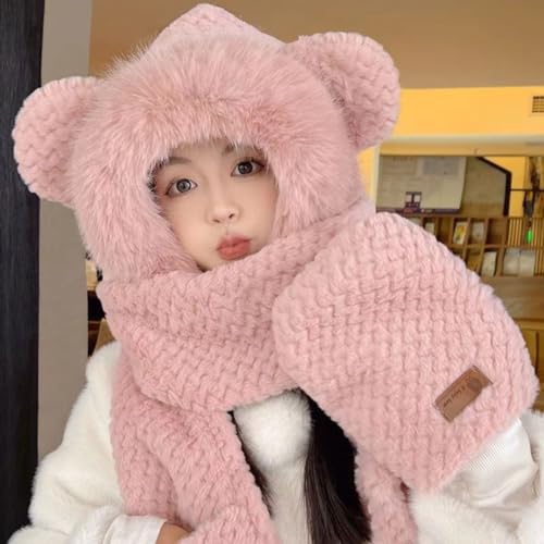Winter Hooded Scarf for Women Cute Bear Ear Hat Scarf 3 in 1 Faux Fur Gloves Set Soft Warm Hat with Mittens3