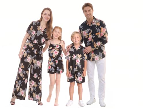 Image of Family Matching Hawaiian Clothes, Hibiscus Black | Black Hibiscus Print • Soft Rayon Fabric • Family Matching Outfits • Vacation Ready • Luau Party Wear