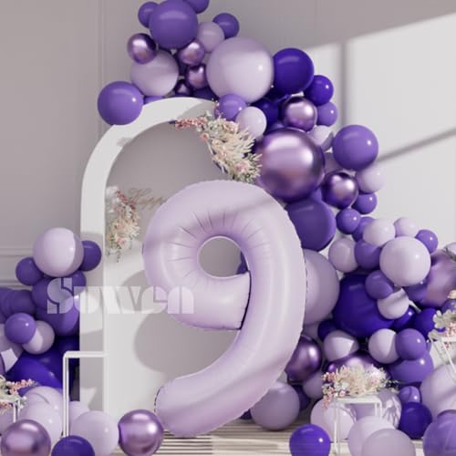 Image of SUWEN 40 Inch Light Purple Large 9 Balloon Number Big Foil Helium Lavender Number Balloons Huge Mylar 0-9 Giant Jumbo Happy 9th Birthday Party Anniversary Decorations