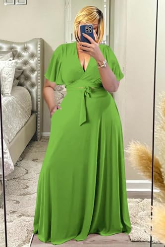 Image of Plus Size Women's 2 Piece Outfits Casual Short Ruffle Sleeve Wrap Crop Top Maxi Long Dress Flowy Matching Sets
