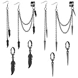 8pcs Cuff Earring for Men Women Feather Leaf Tassel Ear Goth Punk Spike Chain Earrings Threader Ear Cuff Wrap Crawler Climer Cartilage Unisex Jewelry Gift (Black)
