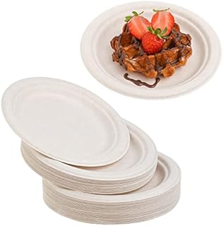 STACKABLES ~ 50 Pack Natural Colored Biodegradable Bagasse 7 inch Dinner Plates Eco Friendly Compostable Party Paper Plates ~ 17.8cm Round Disposable Sugercane Plates For Weddings Receptions & Parties