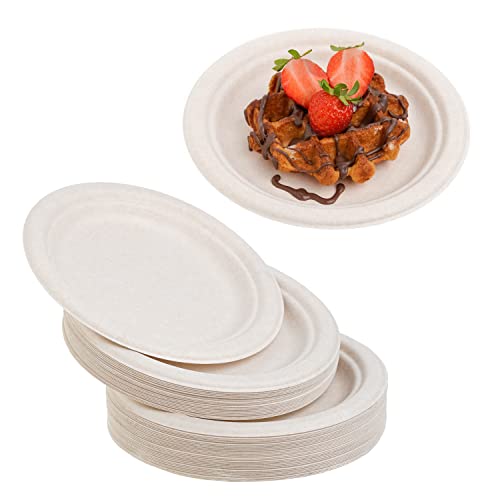 STACKABLES ~ 50 Pack Natural Colored Biodegradable Bagasse 7 inch Dinner Plates Eco Friendly Compostable Party Paper Plates ~ 17.8cm Round Disposable Sugercane Plates For Weddings Receptions & Parties