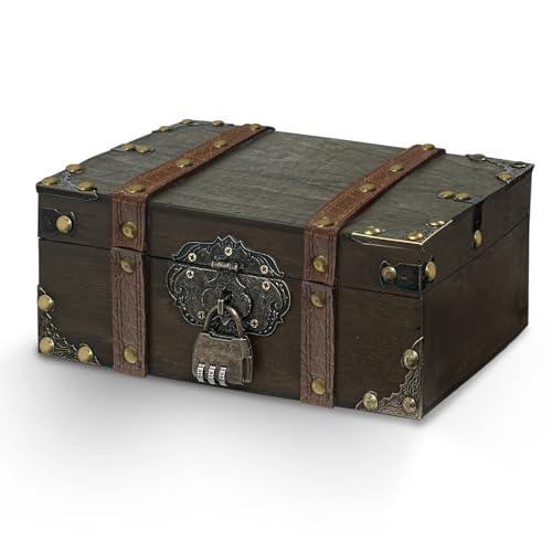 xiaowanwan Schatztruhe mit Zahlenschloss,Vintage Schatzkiste Holz,23.5 x 16 x 9.5cm,Schatztruhe Kinder für Party-Requisiten,Aufbewahrung und Dekoration (Schwarzgrau)