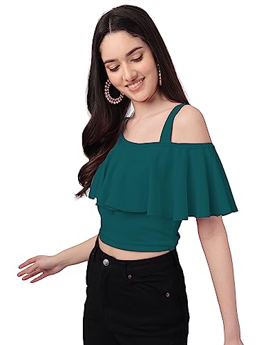 Image of Mehrang Women's Casual Solid Flared Crop Top Round Neck Stretchable Blend for Women /Top for Girls
