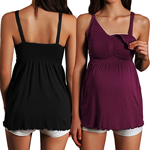 Image of iloveSIA 2PACK Maternity Tops, 7027 Nursing Camisole Tops, Breastfeeding Tank Top Built-in Nursing Bras