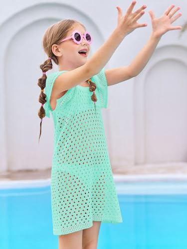 Haloumoning Girls Crochet Swim Cover Up Kids Ruffle Sleeve Hollow Out Summer Beach Dress 5-14 Years4