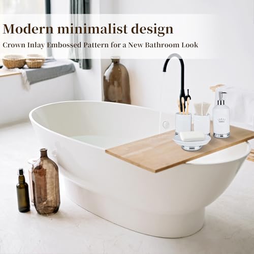 Bathroom Accessory Set, 4 Pcs Ceramic Sets with Crown Motif, Toothbrush Holder, Soap Dispenser, Soap Dish, Tumbler Cup, Modern Bathroom Sink Set Vanity Countertop Decor, White and Silver
