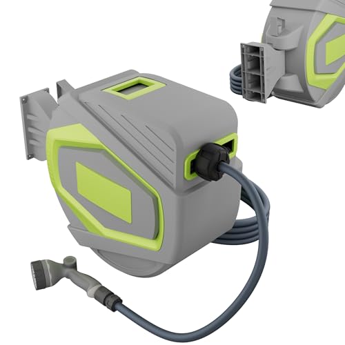 YRHome 30m Gartenschlauch Schlauchtrommel Wandmontage, Automatik Aufrollfunktion, 10 Funktionen Sprühdüse, 180° schwenkbar, Schlauchbox Wandschlauchhalter Wasserschlauchaufroller, Grau & Gelb
