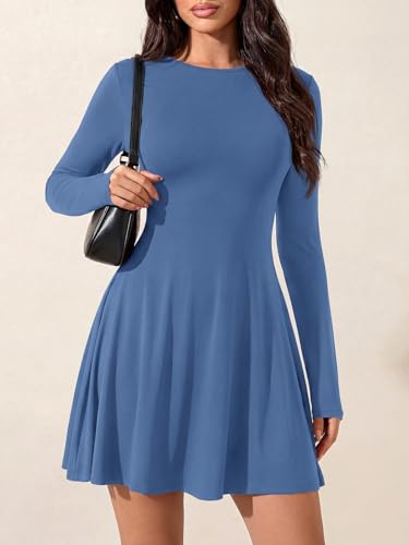 PRETTYGARDEN Women's Long Sleeve Flowy Mini Dress with Tie Waist, Soft Stretchy Fitted A-Line Dresses for Early Fall Fashion (Blue, Large) — view 2