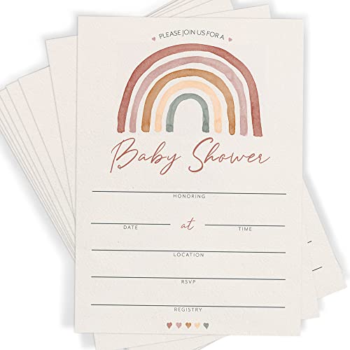 Printed Party Baby Shower Invitations and Envelopes, Set of 30, Boho Rainbow Theme