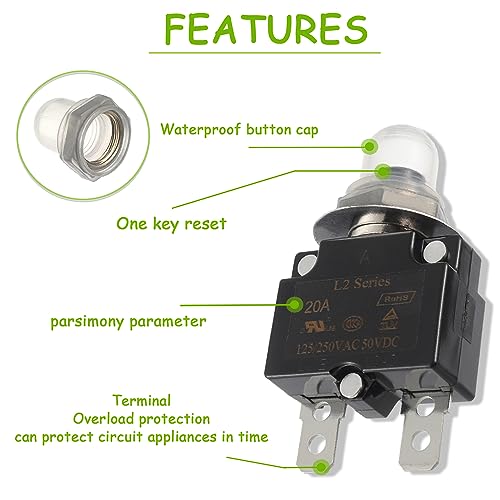 Eplzon EP-50VL2-20A Manual Reset Push Button Circuit Breaker 125/250V Ac 50V Dc Thermal Overload Protector thumb #3