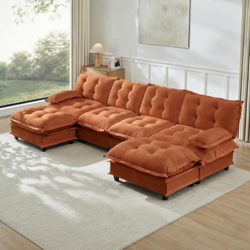 Image of 138 inch U-Shaped Sectional Couches for Living Room, Orange 4 Seater Modern Chenille Deep Seat Sofa Set, Salas para Casa, High Back Cloud Couch Modular Sectional Sets with 2 Ottoman